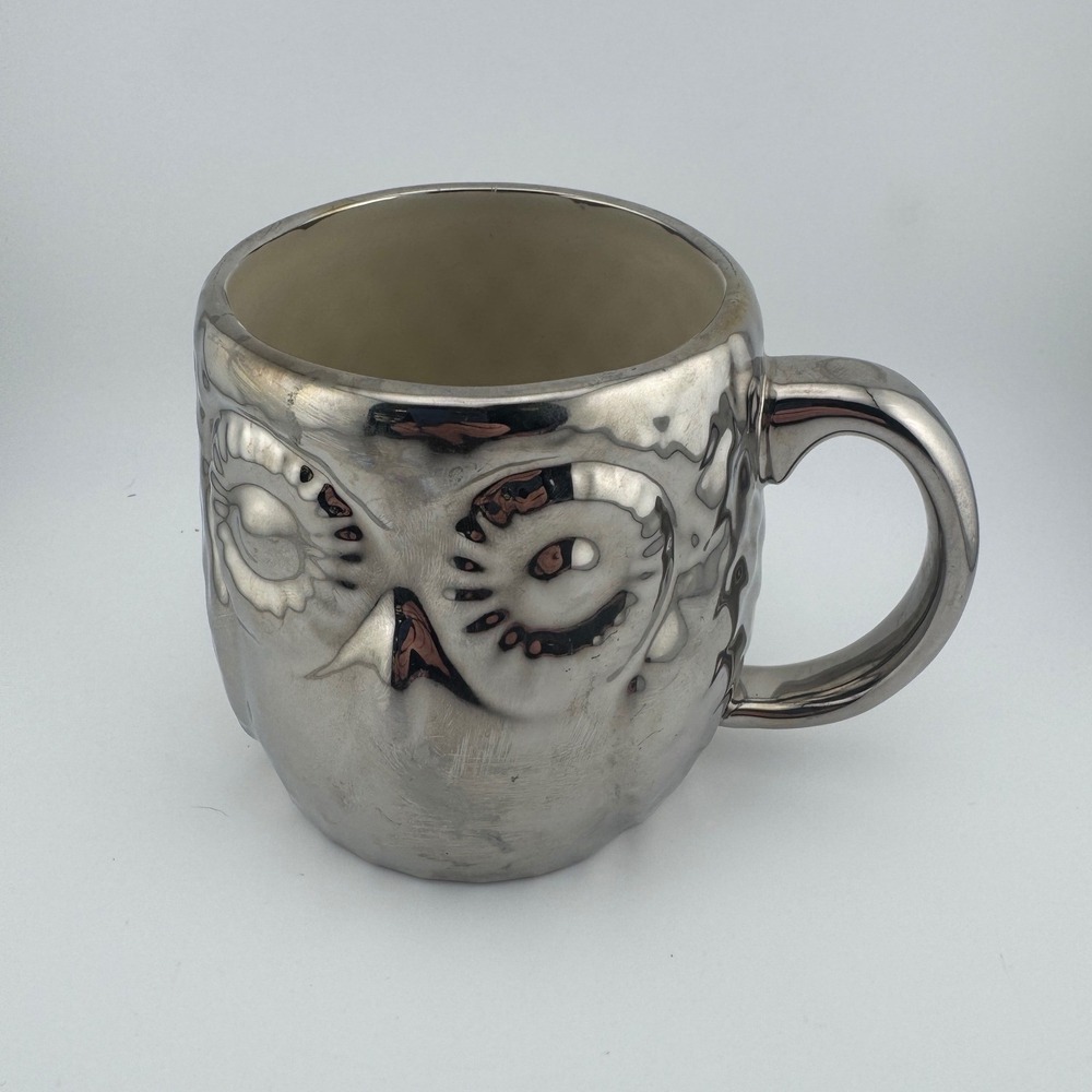 West Elm Owl Coffee Mug Metallic Silver Ceramic Textured Hammered Cup